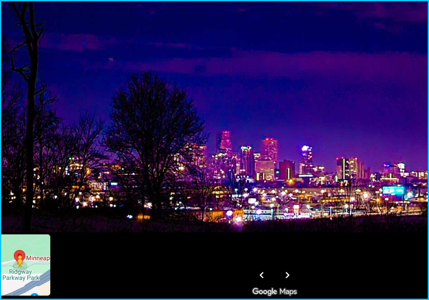 night view of the Minneapolis skyline form a park across the river
photo credit Mikayla Cannon in google maps photos
